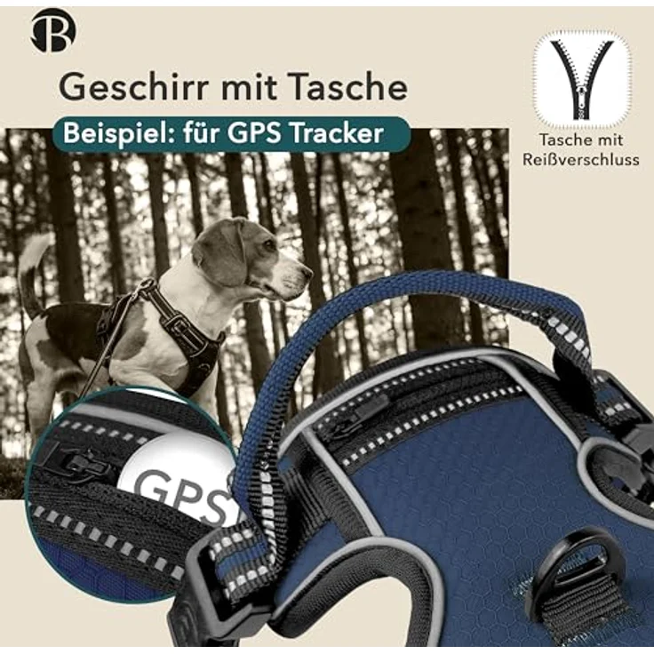bluzelle Hundegeschirr für große Hunde, XL, Blau, Reflektierendes Brustgeschirr mit Griff & Tasche für GPS Tracker, Anti-Zug Design, Atmungsaktiv & Langlebig – Bild 3