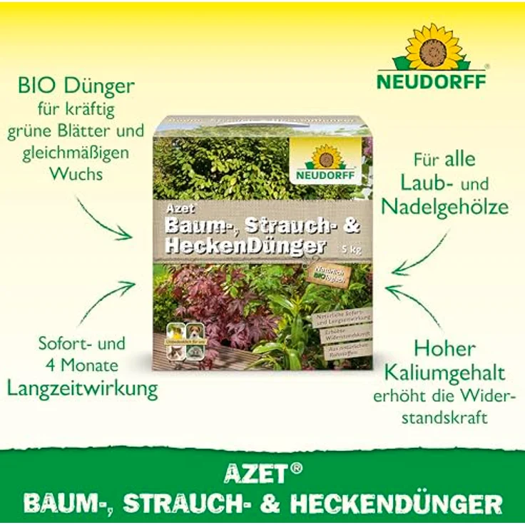 Neudorff Azet Baum-, Strauch- und HeckenDünger, Bio Langzeitdünger mit Mykorrhiza für tiefere Wurzeln und kräftig grüne Blätter, 5 kg – Bild 2