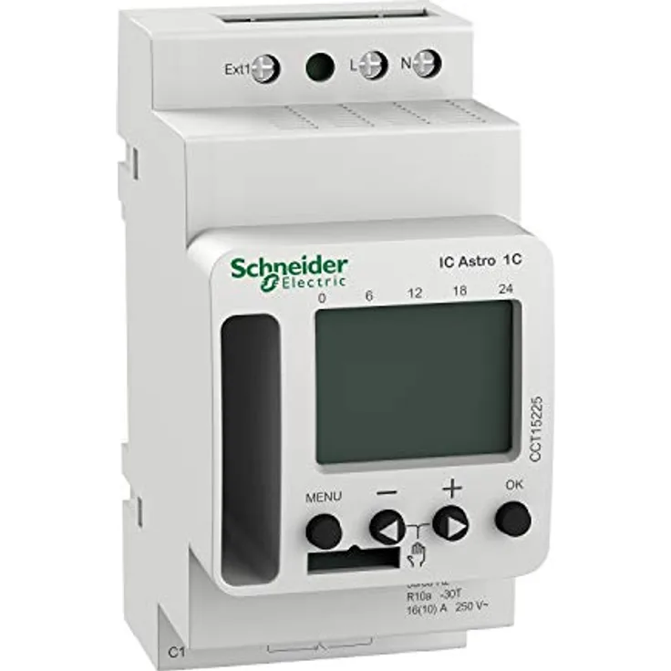 Schneider Electric Dämmerungsschalter IC Astro CCT15225, programmierbare Zeitschaltuhr mit Bluetooth, LCD-Display und Lichtempfindlichkeitseinstellung
