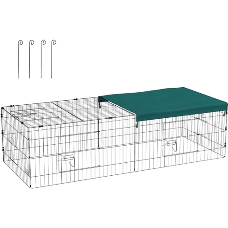 PawHut Kleintierkäfig, Haustier-Laufstall mit 5 Türen, Kaninchenstall, Kleintierlaufstall mit Dach, für draußen, 185 x 75 x 50 cm, Grün – Bild 1