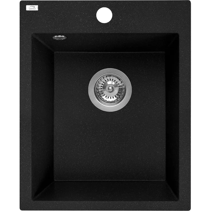 Kuchinox Laveo CHICHI Granitspüle schwarz, Einzelbecken mit platzsparendem Siphon und robustem Design, 480x390x205 mm