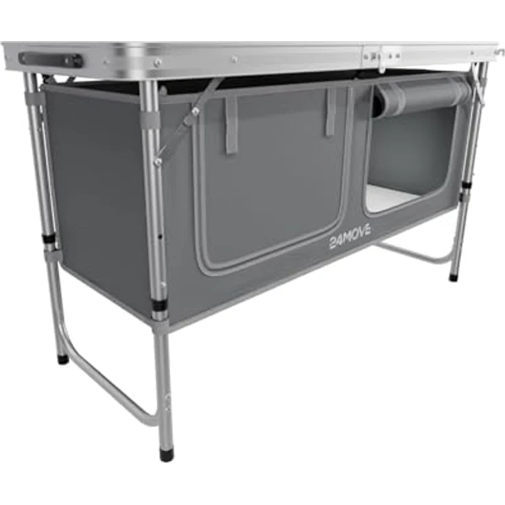 24MOVE® Campingküche Praia, faltbar und höhenverstellbar, Alu Reiseküche mit Arbeitsplatte und Staufächern, grau, inkl. Tragetasche – Bild 5