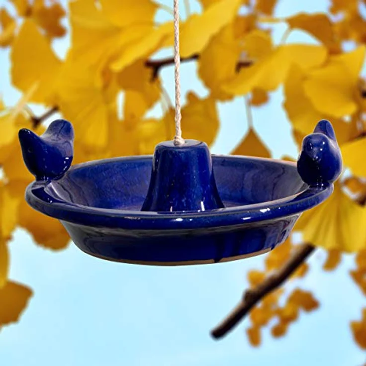 Antikas Vogeltränke, hängendes Vogelbad aus Keramik, rund, blau, 28 cm – Bild 2