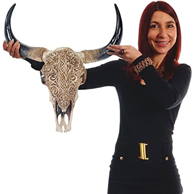 Deko Schädel 45cm, Polyresin Stier Bulle Longhorn Kopf Trophäe mit Tribal, In--Outdoor – Bild 9