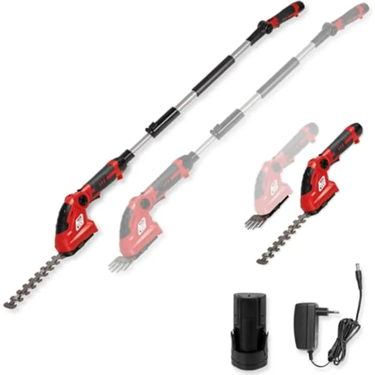 WALTER Akku Heckenschere/Grasschere mit stufenloser Teleskopstange (bis 120 cm), 12V Li-Ion, 1200 U/min, Laserschneidmesser, 160 mm Schnittlänge, inkl. Akku und Schnellladegerät
