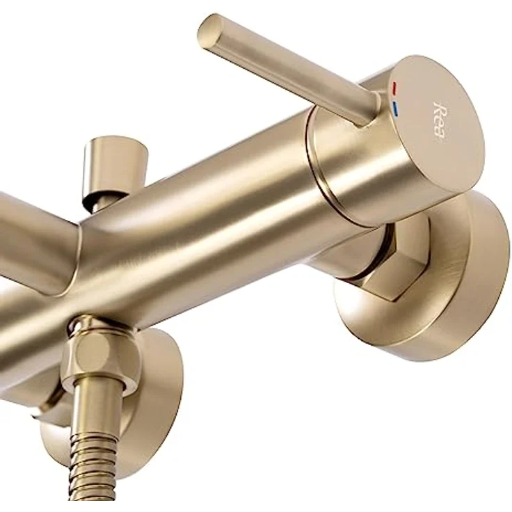 Rea Lungo Badewannenarmatur, gebürstetes Gold mit Messing-Handbrause für heißes und kaltes Wasser, wandmontierbar, 190 mm Auslaufreichweite – Bild 4