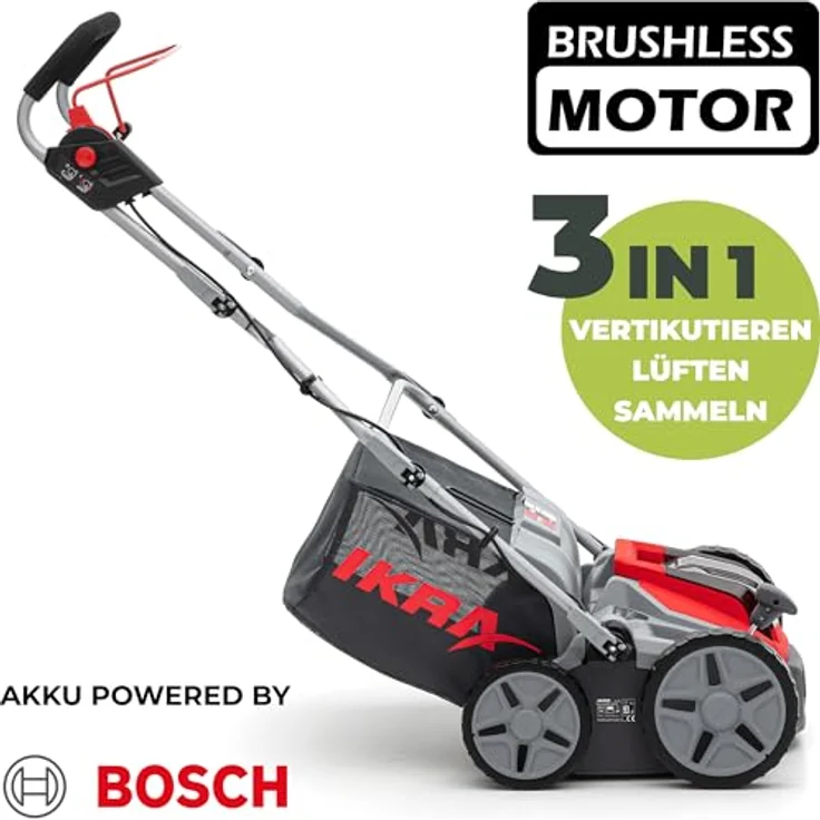IKRA BOSCH 36V Akku 3in1 Vertikutierer Rasenlüfter IB-SR 36, Fangkorb 45l, Arbeitsbreite 36cm, ohne Akku & Ladegerät, Rasen-Vertikutierer mit 2-Walzen-System – Bild 2