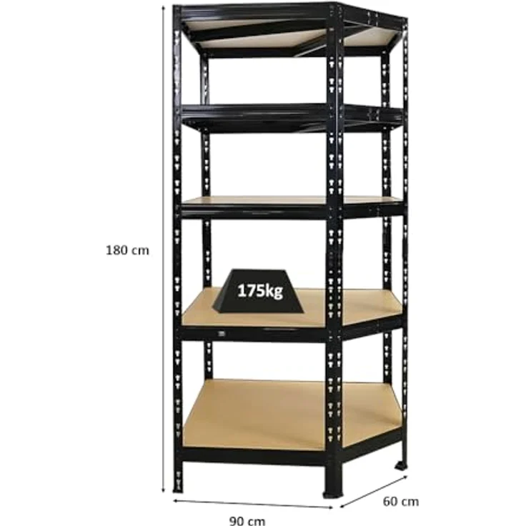 Proregal Eckregal Tiger, 180 x 90 x 60 cm, 5 höhenverstellbare Fachböden, Traglast 175 kg pro Boden, Schwarz – Bild 4