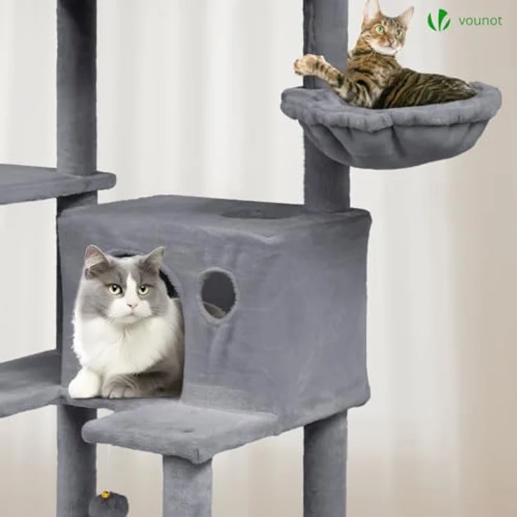 VOUNOT XXL Katzenbaum 215cm, Stabiler Katzenkratzbaum mit Korb Hängematte, Plüschbälle, Dicke Stämme - Beige - Preisvergleich – Bild 5