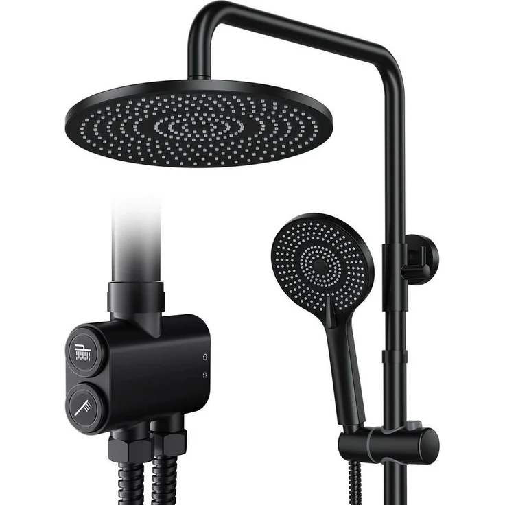 Rainsworth Duschsystem ohne Armatur, 3 Strahlart(en), 25cm Rund Regendusche und 3 Strahlarten Duschkopf, Druckknopfsteuerung, Edelstahl – Bild 1