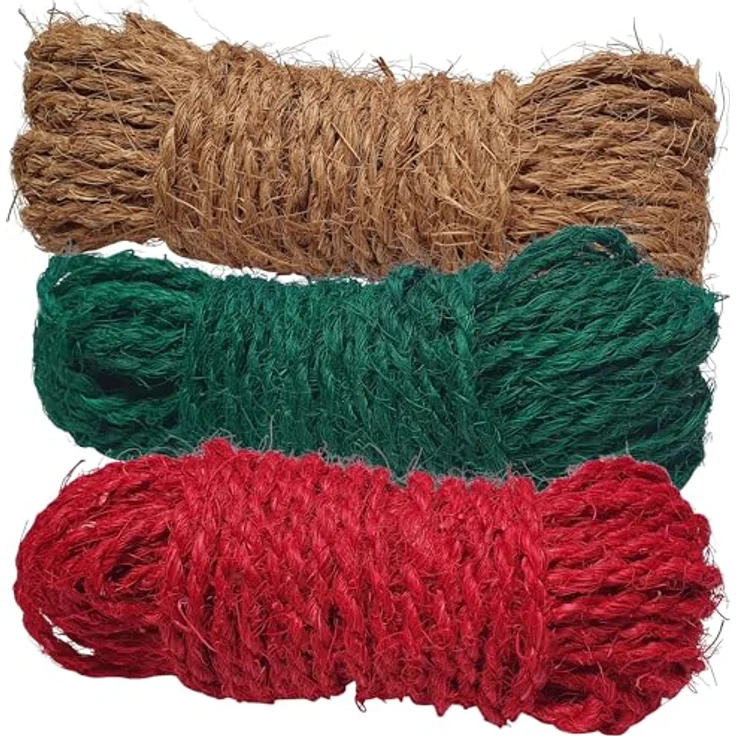 deli4you Kokosseil bunt Dekoband Set, 3 x 15m in rot, grün und braun, reißfest und flexibel, ideal für Gartendeko und DIY Projekte – Bild 1