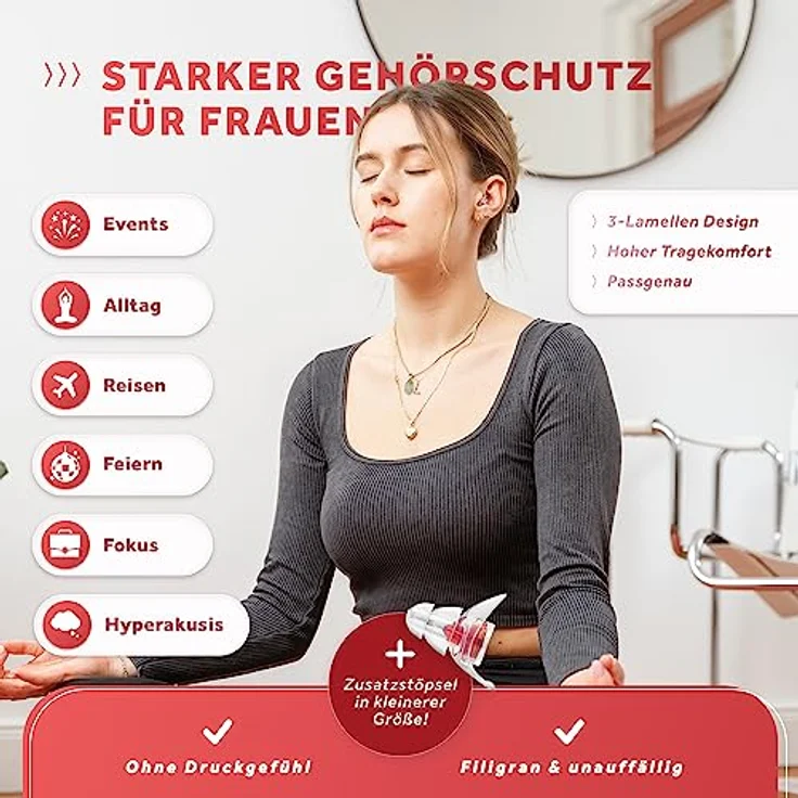 SCHALLWERK ® Women+ Gehörschutz Ohrstöpsel für Frauen, Lärmdämmung mit Klangtreue, geeignet für Konzert, Festival, Arbeit & Lernen, transparent – Bild 2