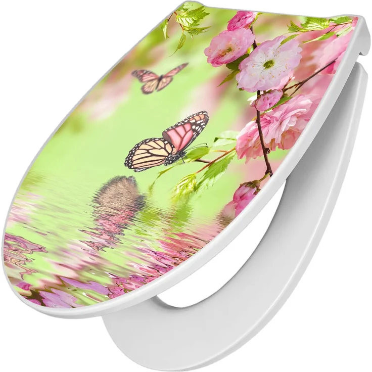Banjado Premium Toilettendeckel Duroplast mit Absenkautomatik, WC-Sitz Soft Close, Motiv Japanische Kirschblüte, 38,4x45x4,2cm