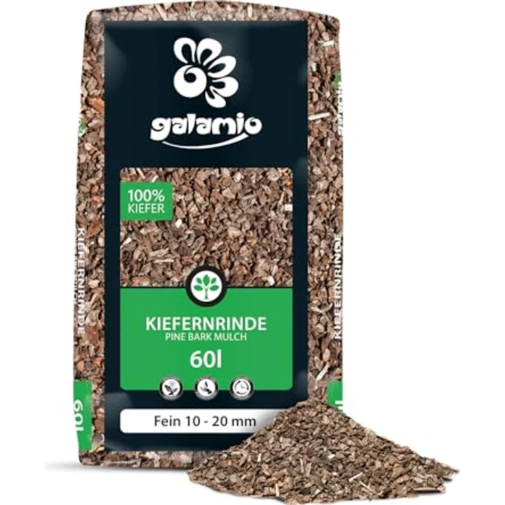 GALAMIO Kiefernrinde Kiefernmulch, Dekorativer Rindenmulch aus Naturmaterial, rotbraun, Körnung 10-20mm, 60l x 39 Säcke pro Palette, 2.340l, pH-Wert 5,10, langlebig und unkrauthemmend – Bild 3