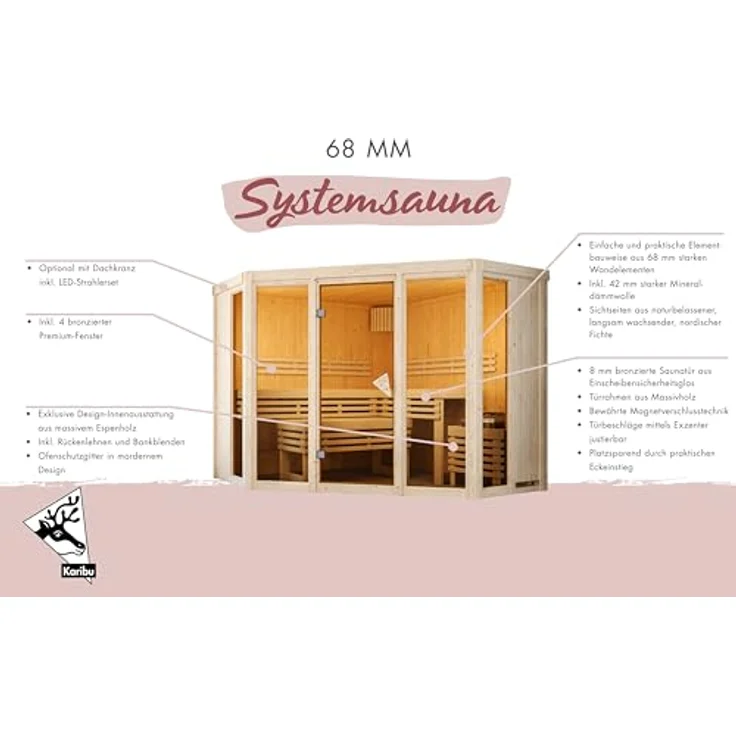 Karibu Innensauna Inara, inklusive Saunaofen 9kW mit integrierter Steuerung, 231x231 cm, 3 Liegen aus hellem Espe, bronzierte Ganzglastür – Bild 4