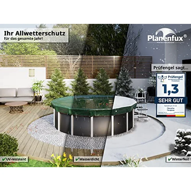 Planenfux® Winter Poolabdeckung rund für Ø 366 cm (320-366cm) | 2-in-1 Poolplane aus 200g/m² PE Material | UV-resistente Sommer & Winter Solar Abdeckplane | Ø420cm Pool Winterabdeckung – Bild 4