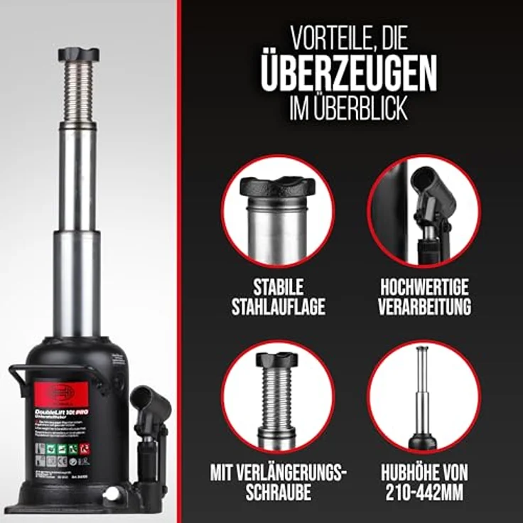 HEYNER® Stempelwagenheber Hydraulisch 10t, Doppelhub-Unterstellheber mit Hubhöhe 210-442mm, inkl. Tasche für SUV/LKW – Bild 5