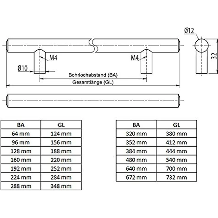 Sotech G6-6 Stangengriff Möbelgriff Echt Edelstahl BA 160 mm Ø 12 mm, gebürstet – Bild 3