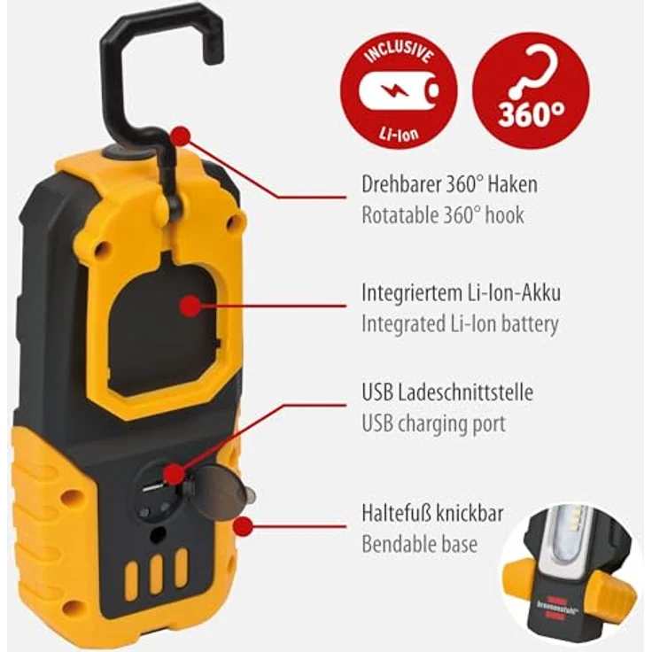 brennenstuhl Arbeitslampe HL DA 40 MH LED Akku-Handleuchte Haken, Magnet, Clip, knickbar (1176440) schwarz, gelb – Bild 3