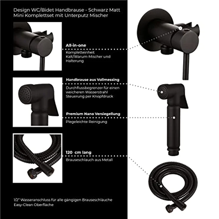 Stilform Design WC/Bidet Handbrause Komplettset mit Mischerarmatur Mini Shattaf, Schwarz Matt, 1,2m Schlauch, verchromte Halterung, langlebige Markenqualität – Bild 5