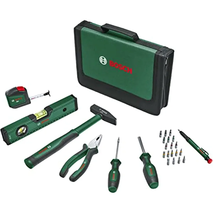 Bosch Handwerkzeug-Set 25-teilig, inkl. Kombizange, Schraubendreher, Wasserwaage, ergonomisches Design, textile Aufbewahrungstasche