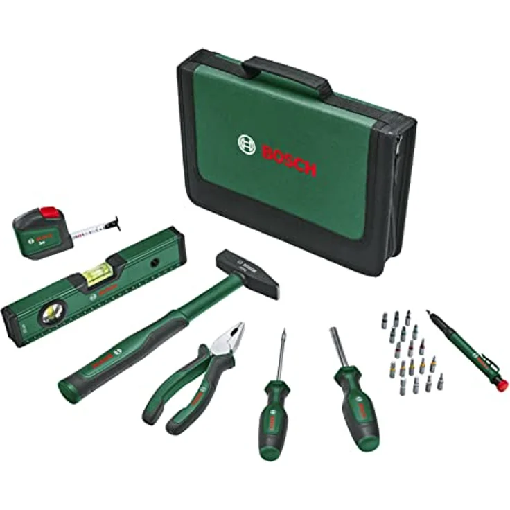 Bosch Handwerkzeug-Set 25-teilig, inkl. Kombizange, Schraubendreher, Wasserwaage, ergonomisches Design, textile Aufbewahrungstasche – Bild 1