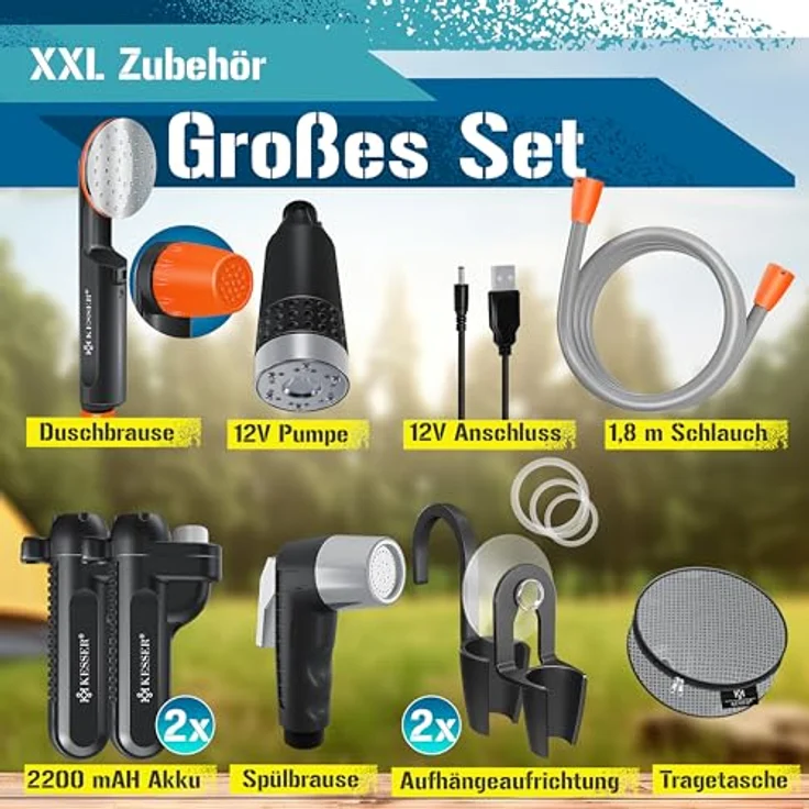 KESSER Campingdusche mit Akku Tauchpumpe Handbrause 2x 2200mAh-Lithium-Akku, USB-Ladekabel , für Camping Garten - Auto - Outdoor , Hundedusche , Autoreinigung , Inkl. Tragetasche, 12V Pumpe Schwarz - Orange - Preisvergleich – Bild 3