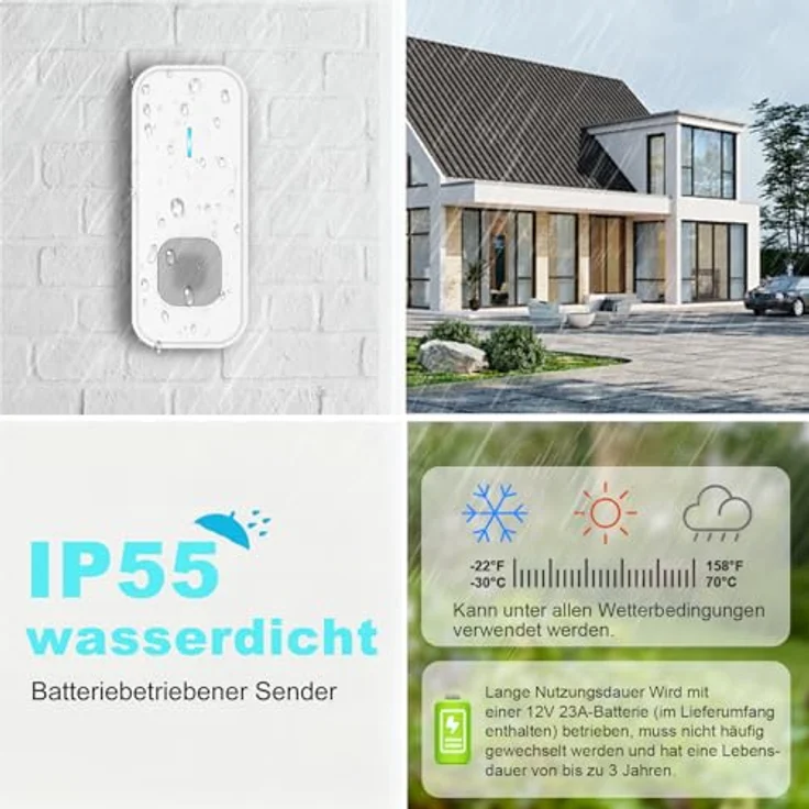 AIMAX Funkklingel Set, 2 Sender und 3 Empfänger, 400m Reichweite, IP55 wasserdicht, 55 Klingeltöne, 5 Lautstärkestufen mit LED-Blitz, kabellose Installation – Bild 5