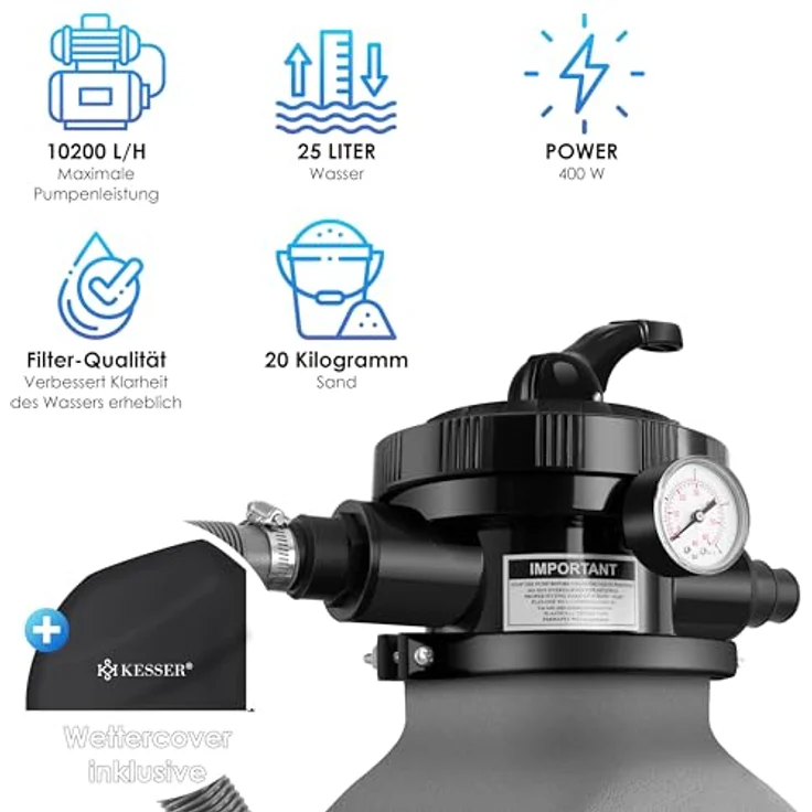 KESSER Sandfilteranlage Sandfilter + 700g Filterbälle ersetzen 25kg Filtersand 7-Wege Ventil mit Druckanzeige Poolfilter 10 m³-h Filteranlage Filterkessel für Pool Schwimmbecken 10.200 L-h Grau – Bild 10