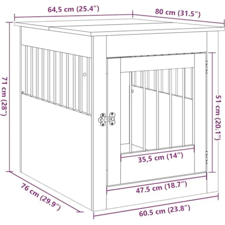 vidaXL Hundekäfig im Möbelstil Altholz-Optik 64,5x80x71 cm, praktische 2-in-1 Funktion, robuste Konstruktion, belüftetes Design, abschließbare Tür – Bild 3