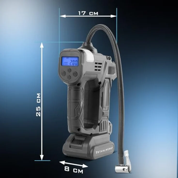 STAHLWERK Akku Druckluftkompressor ADK-20 ST, 72 Watt Leistung, mobile Luftpumpe mit digitaler Druckanzeige und LED-Beleuchtung – Bild 4