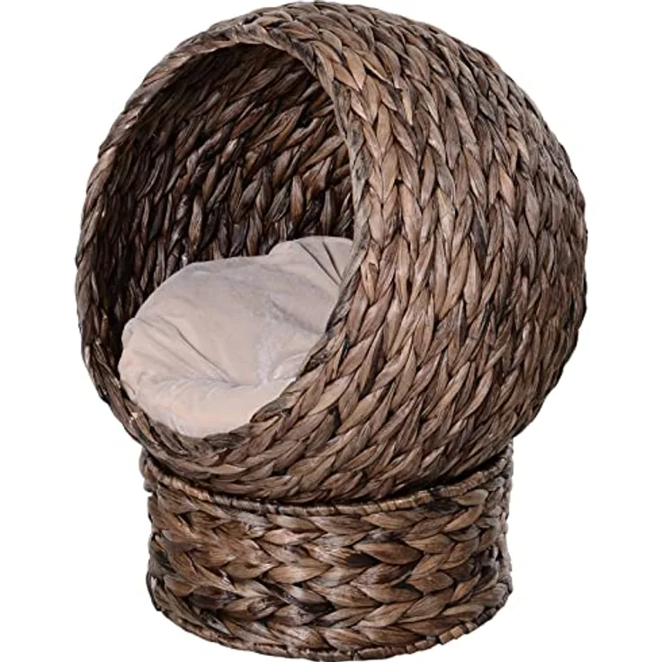 PawHut Rattan Katzenkorb Katzenhütte Katzenhöhle Katzenbett mit Kissen Haustierbett aus Wasserhyazinthe für Wohnzimmer Dunkelbraun 50 x 42 x 60 cm