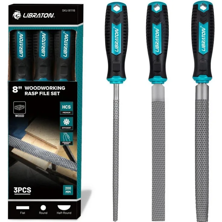 LuxusKollektion Werkstattfeile Holzfeilen-Set 3tlg, 200mm Flach Rund Halbrund, SoftGrip, schwarz/türkis/silber