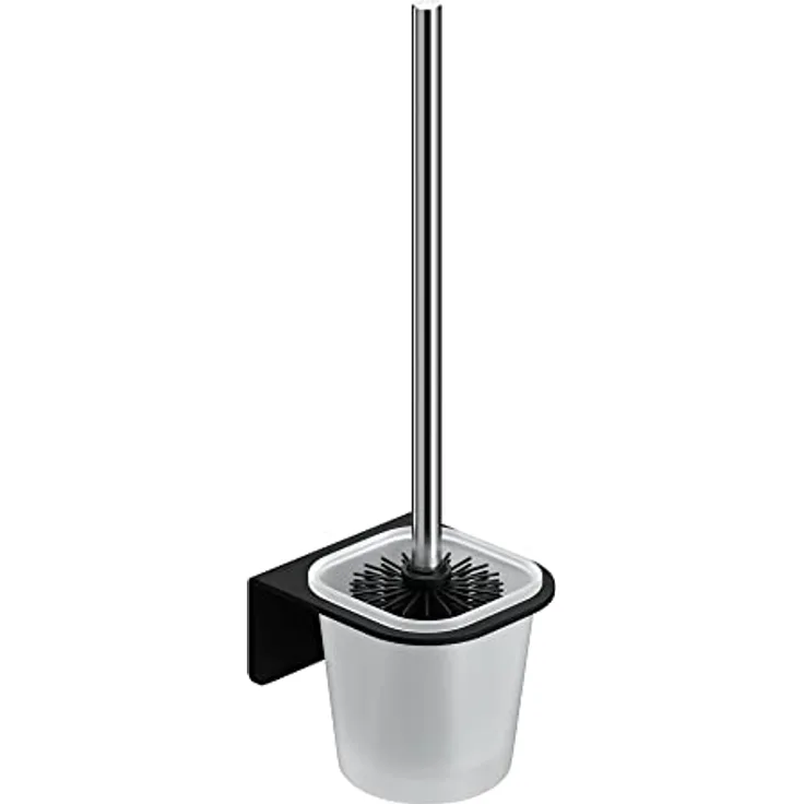 WEISSENSTEIN Toilettenbürstenhalter Set zur Wandmontage ohne Bohren - WC-Garnitur Set mit Bürste, Bürstenhalter aus Glas, schwarzer Edelstahl Halterung zum Kleben