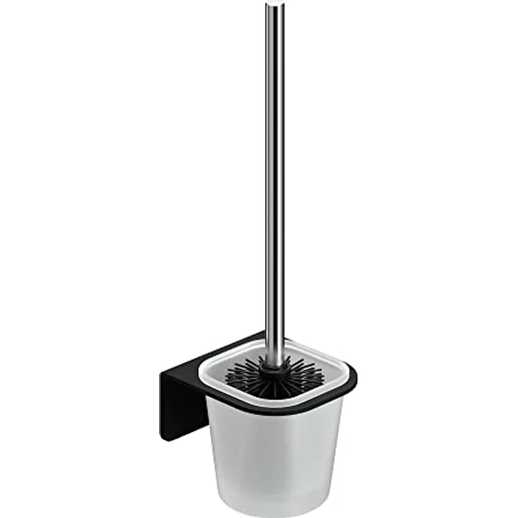 WEISSENSTEIN Toilettenbürstenhalter Set zur Wandmontage ohne Bohren - WC-Garnitur Set mit Bürste, Bürstenhalter aus Glas, schwarzer Edelstahl Halterung zum Kleben – Bild 1