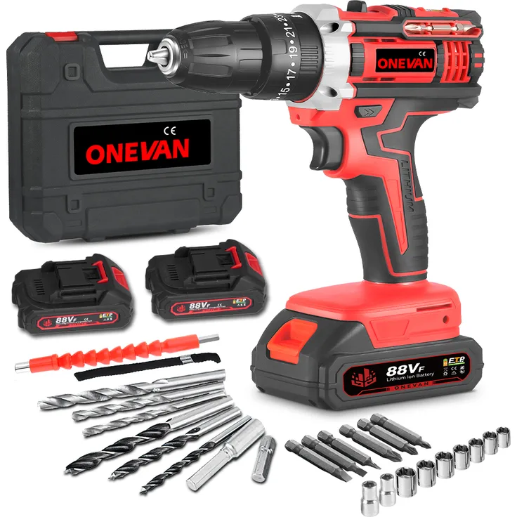 ONEVAN Akku-Bohrschrauber Set, 25+3 Drehmomentstufen, 10mm Bohrfutter, max. 1550 U/min, 3 in 1 Funktion, inkl. 2 Akkus und Zubehör