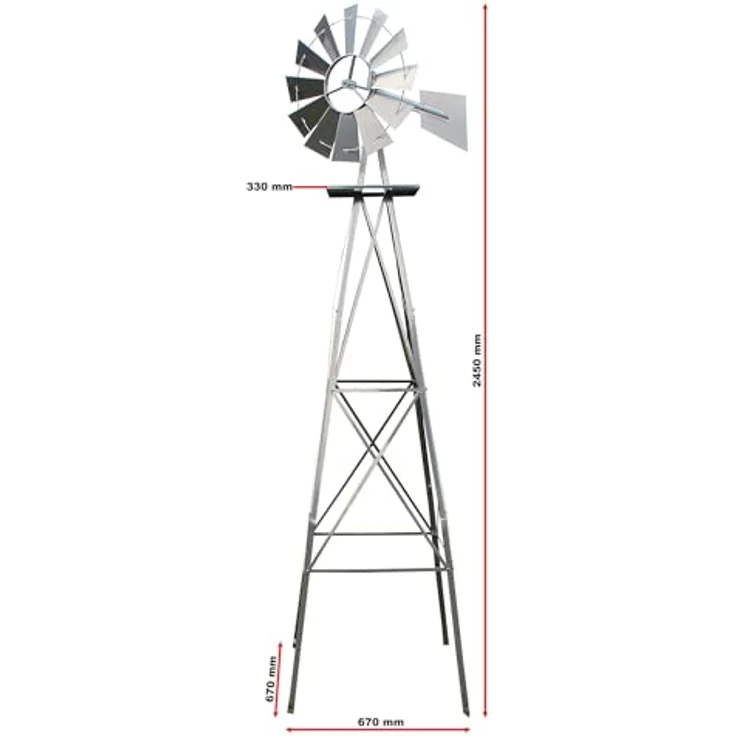 Wiltec Windrad mit 245 cm Höhe, Windmühle in Silberfarben, Gartendeko mit kugelgelagertem Texasrad, Rankhilfe für Garten – Bild 5