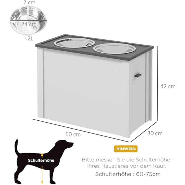 PawHut Hundenapf, Hunde Futterstation mit Stauraum, Wassernapf, Napfständer mit 2 L Edelstahlschüsseln, Hundenapfständer, Fressnapf für Große Hunde, Weiß – Bild 5