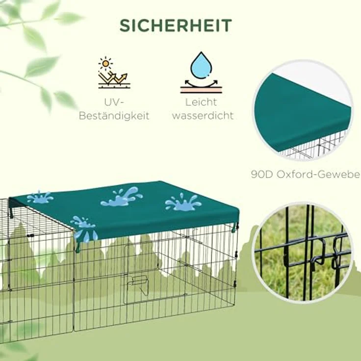 PawHut Kleintierkäfig, Haustier-Laufstall mit 5 Türen, Kaninchenstall, Kleintierlaufstall mit Dach, für draußen, 185 x 75 x 50 cm, Grün – Bild 3