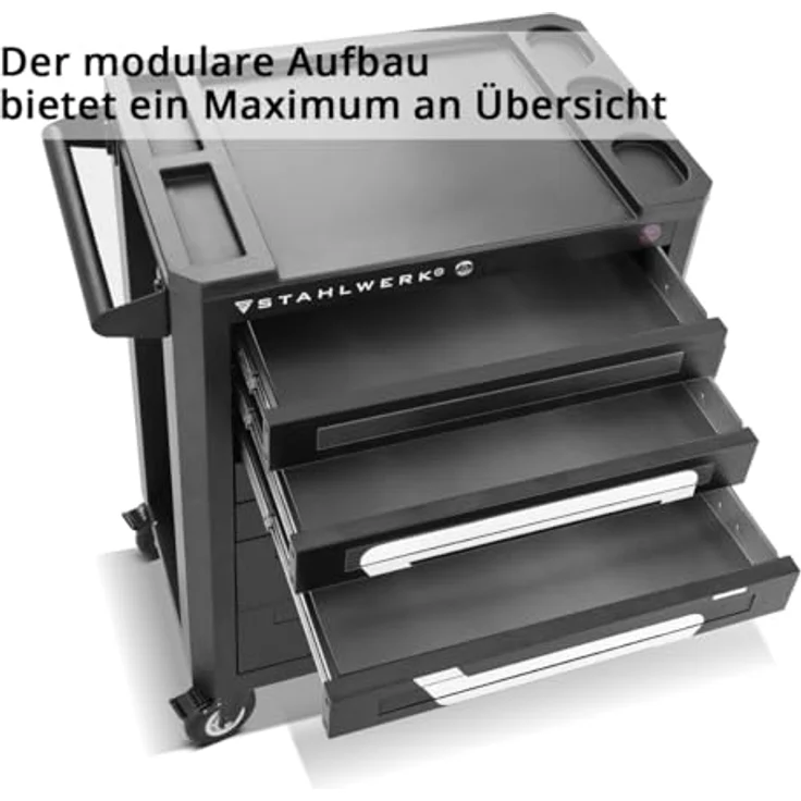 Stahlwerk Falcon, Werkzeugwagen + Montagewagen mit 7 abschließbaren Schubladen, integrierter Lochwand und pulverbeschichteter Stahloberfläche, 990 mm hoch, blau – Bild 4