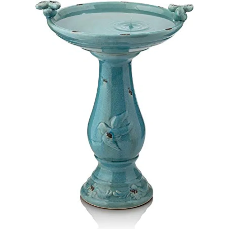 Alpine Corporation Vogeltränke für den Außenbereich, Keramik, antik, mit 2 Vogelfiguren, 61 cm, Türkis