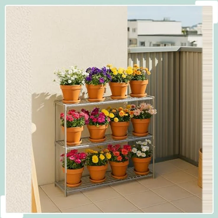 relaxdays Blumenständer Blumenregal, graues Pflanzenregal mit 6 Ablagen für Kräuter und Topfpflanzen, einfache Montage – Bild 4