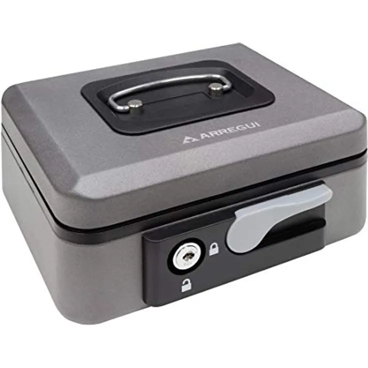 ARREGUI Popup C9726 Geldkassette aus Stahl | Geldbox | 20 cm breit | Abschließbare Kasse mit Geldeinsatz | Kleine Geldkassette mit Schlüssel und Münzeinsatz / Geldeinsatz | Geldkasse | grau