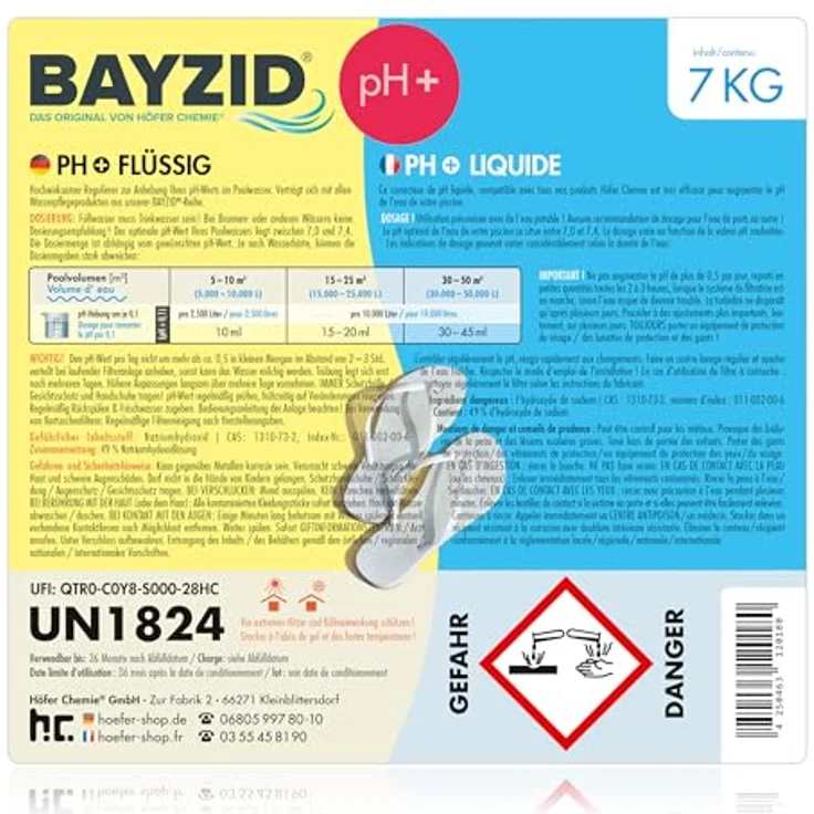 1 x 7 Kg BAYZID pH Plus flüssig für Pools in handlichen Kanistern – Bild 3