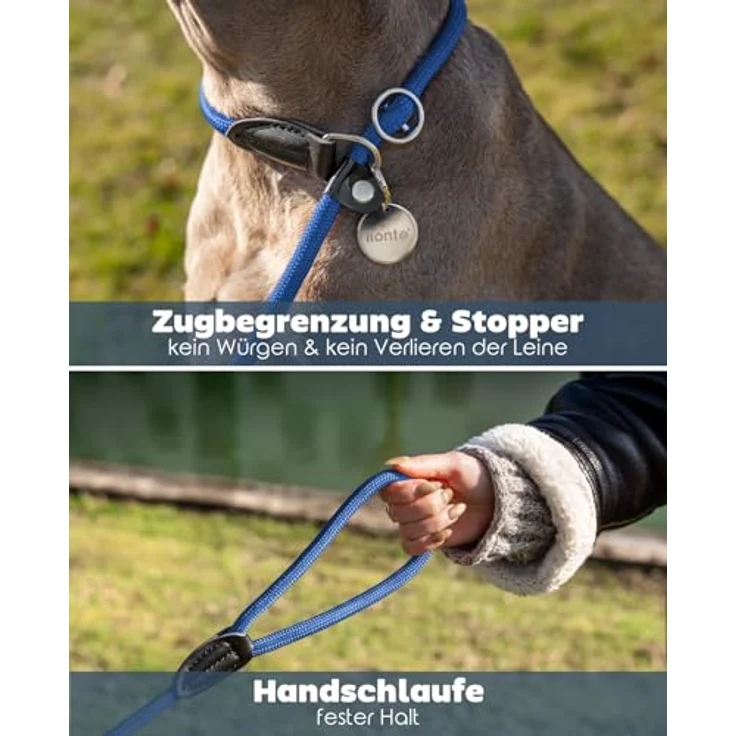lionto Retrieverleine, robuste und wetterfeste Kombileine mit Zugstopp, für Hunde aller Größen, 120 cm, vegan, blau – Bild 3