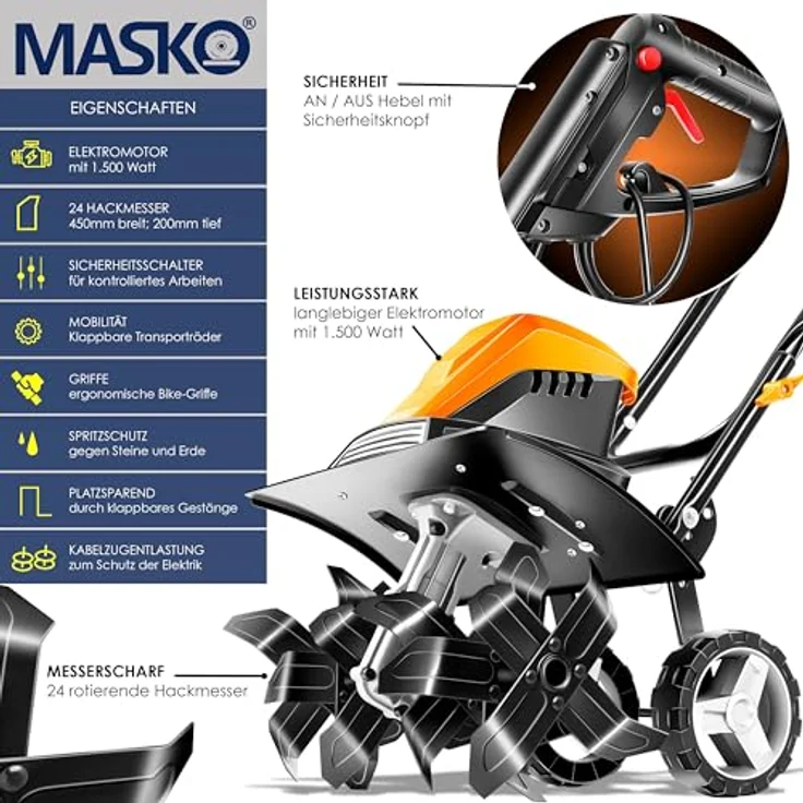 MASKO elektrische Motorhacke 1500 Watt, 40cm Arbeitsbreite 20cm Arbeitstiefe, klappbarer Handgriff, Metallgehäuse, Transporträder Orange - Preisvergleich – Bild 2