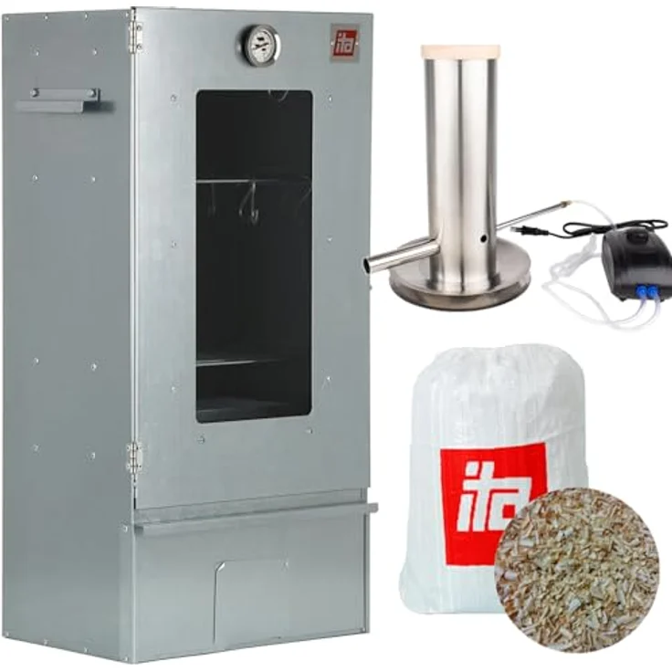 ITA Räucherofen 7002, Smoker Set mit Rauchgenerator und Thermometer, Edelstahl, 81 cm, 3 Etagen, EU Qualität – Bild 1