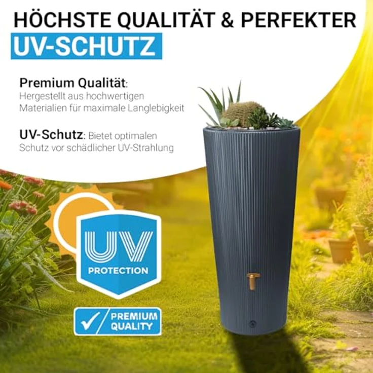 4rain Vaso 2in1 Decor Regentonne 220 Liter Graphite Grey inkl. Kunststoff-Auslaufhahn und Fallrohranschluss - Nachhaltige Regenwassernutzung für Ihren Garten – Bild 3
