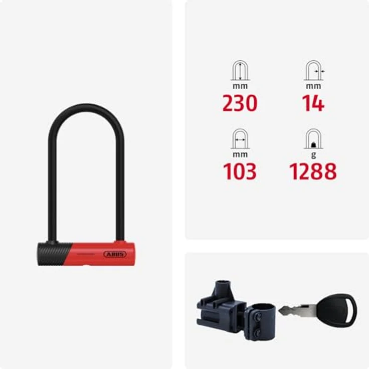 ABUS Bügelschloss Ultimate 420K/170HB230 RD USH, 14 mm gehärteter Stahl, roter Rundbügel, kompakte Halterung – Bild 3