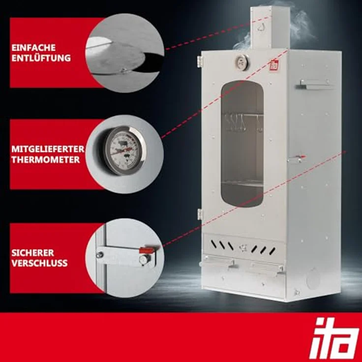 ITA Smoker Räucherofen 7012 - Premium Räucherschrank mit Sichtfenster & Kaminabzug, Legierter Stahl, 3 Etagen – Bild 5